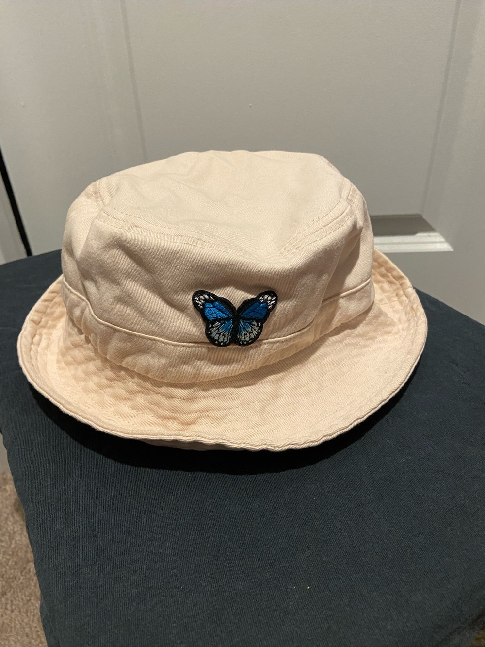 Cream Bucket Hat with Butterfly Patch